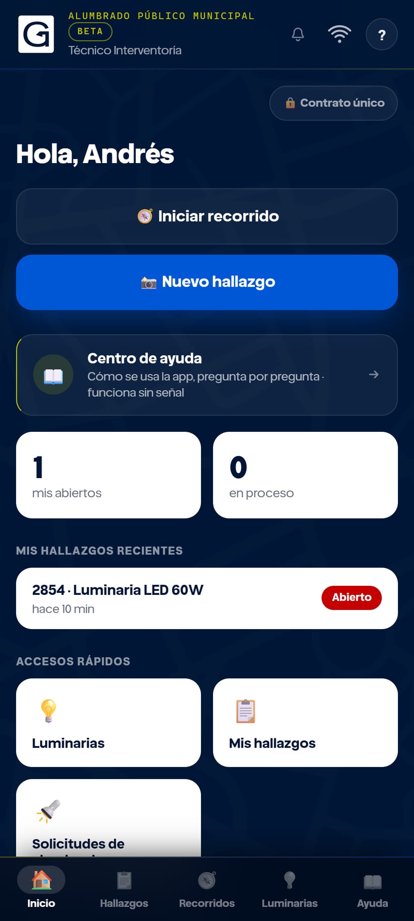 Inicio de la app para un técnico de interventoría: saludo, botones de iniciar recorrido y nuevo hallazgo, sus casos abiertos y su hallazgo más reciente.
