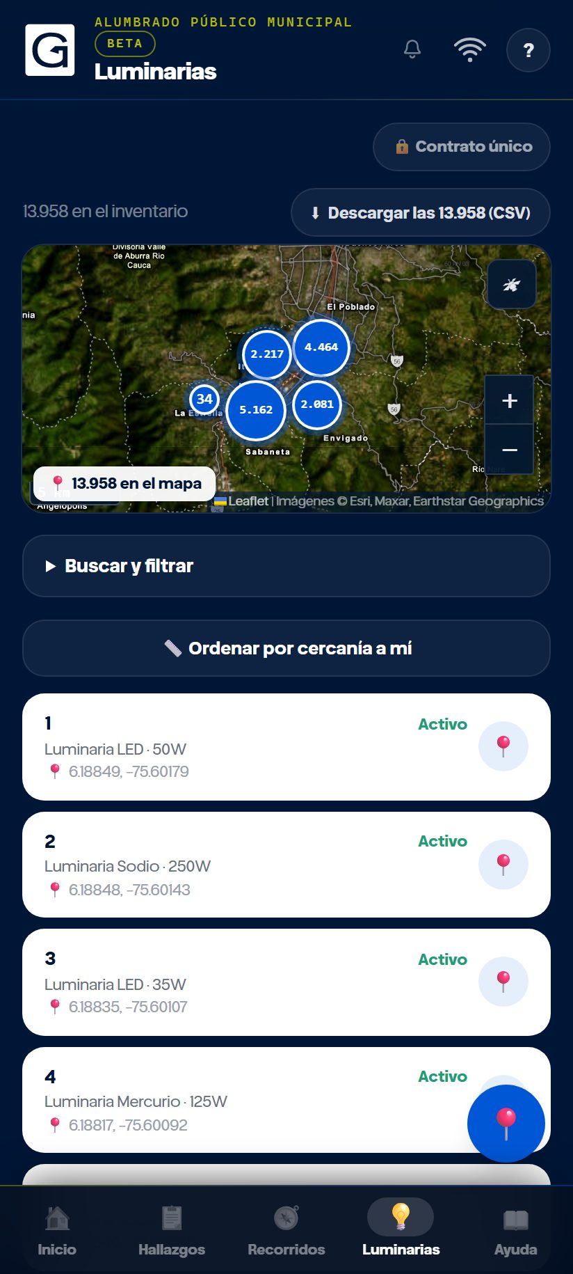 Pantalla de luminarias: las 13.958 luminarias del contrato sobre el mapa satelital y la lista con el estado de cada una.
