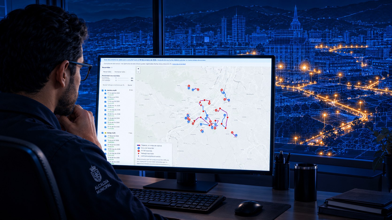Funcionario municipal revisando en pantalla el mapa de recorridos, con los trayectos y los hallazgos marcados sobre la ciudad.