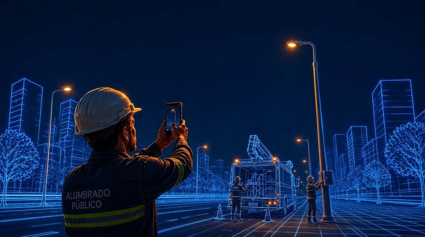 Técnico de alumbrado público fotografiando con el celular una luminaria encendida, con la cuadrilla y el camión canasta al fondo.