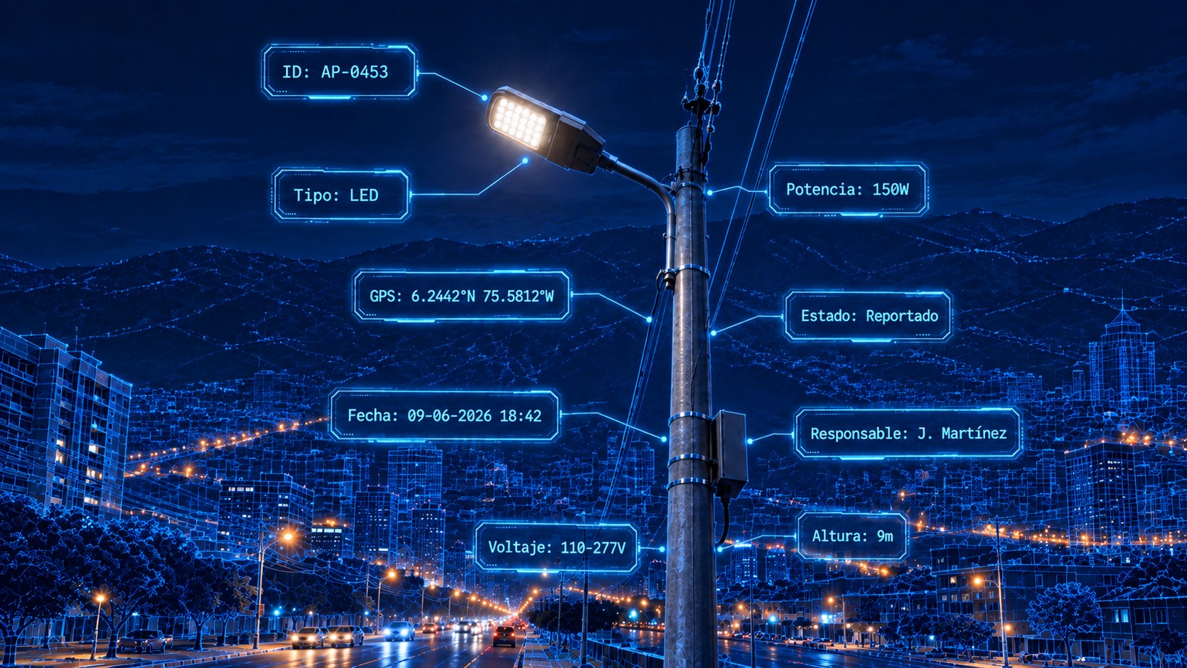 Luminaria en su poste con su ficha desplegada alrededor: identificador, tipo, potencia, coordenadas, estado, fecha, responsable, voltaje y altura.