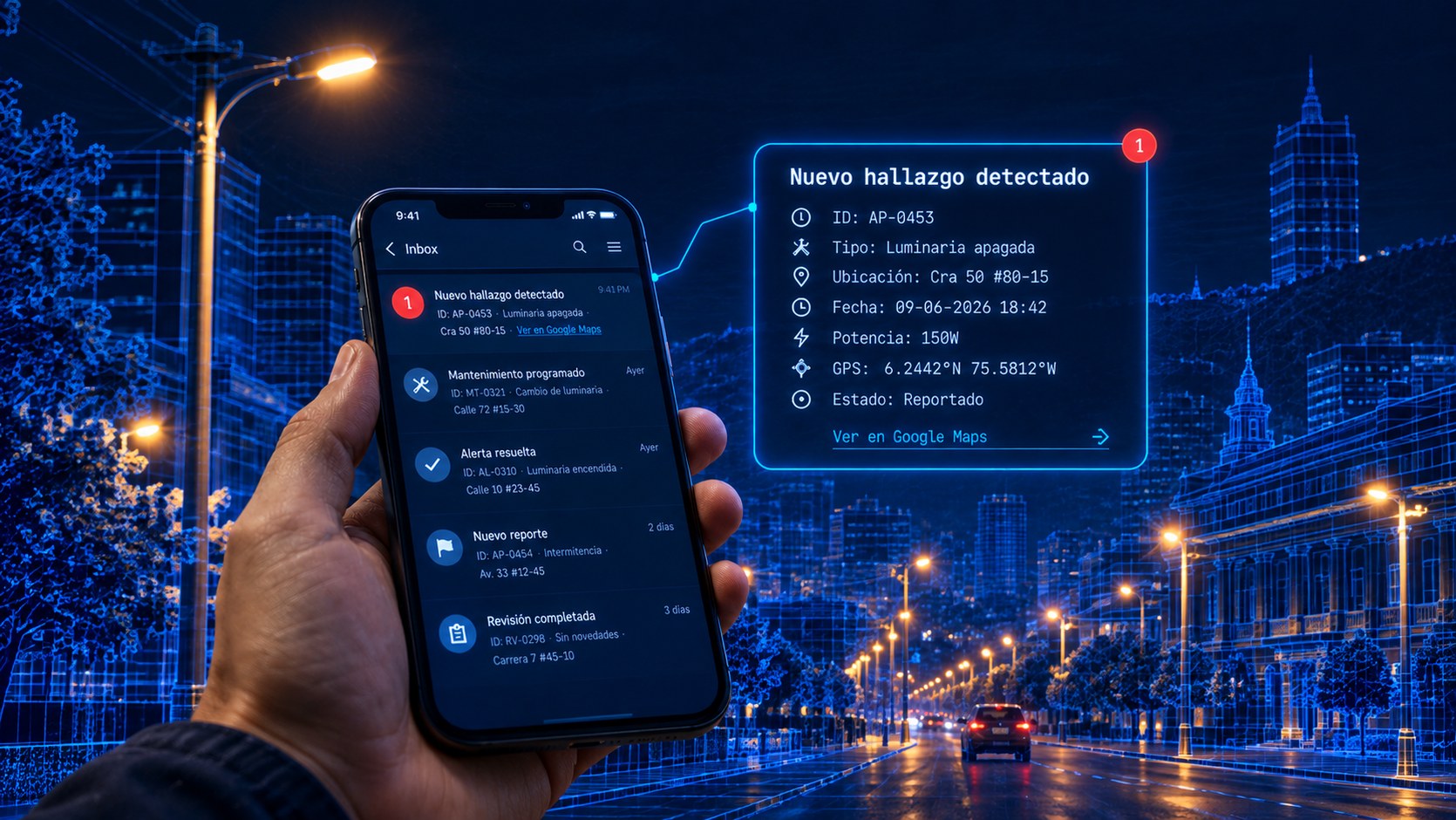 Celular con la notificación de un hallazgo nuevo: identificador, tipo, dirección, fecha y enlace al mapa.